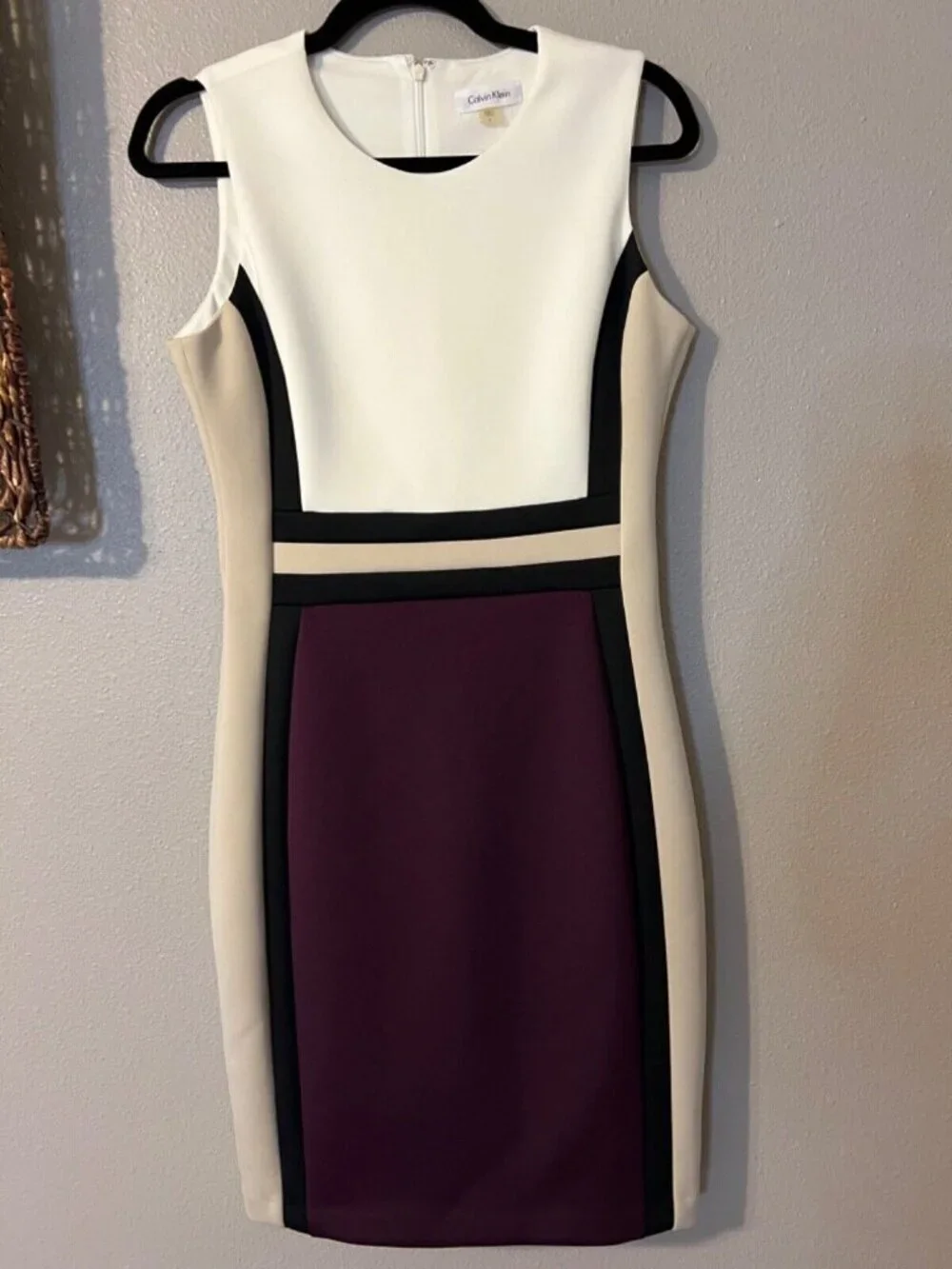 Calvin Klein Dress 8 Black Tan Plum Ivory Stretch Scuba Career Church